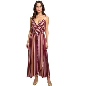 New AQUA Women’s Sz S Resort Maxi Dress In Wine Stripe Sleeveless Wrap V Neck